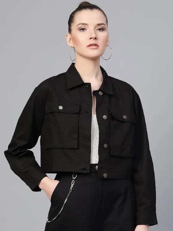 Women Solid Standard Black Jacket Print Jacket Jacquard Jacket Embroidered Jacket