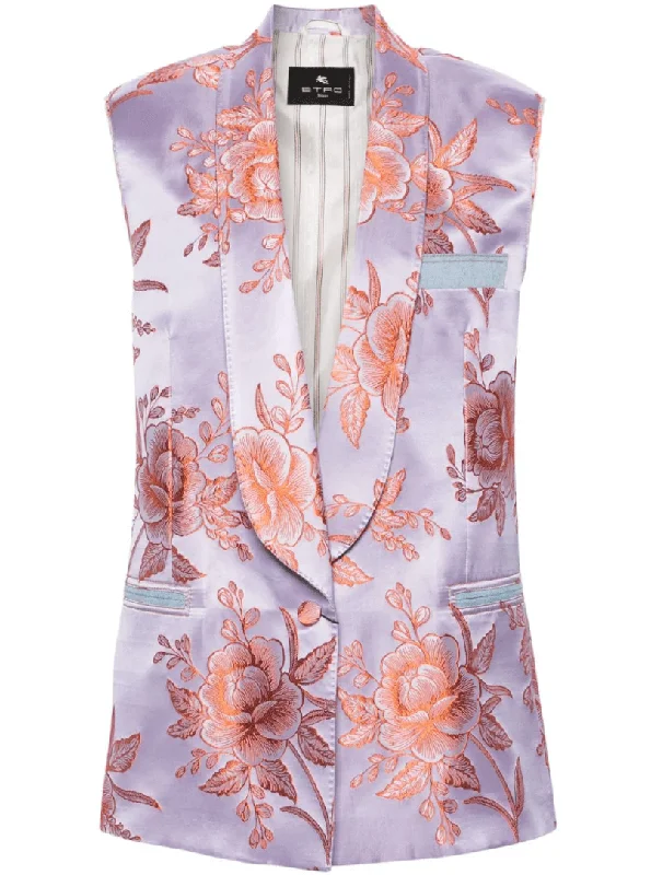 floral-jacquard sleeveless blazer Cotton Blend Blazer