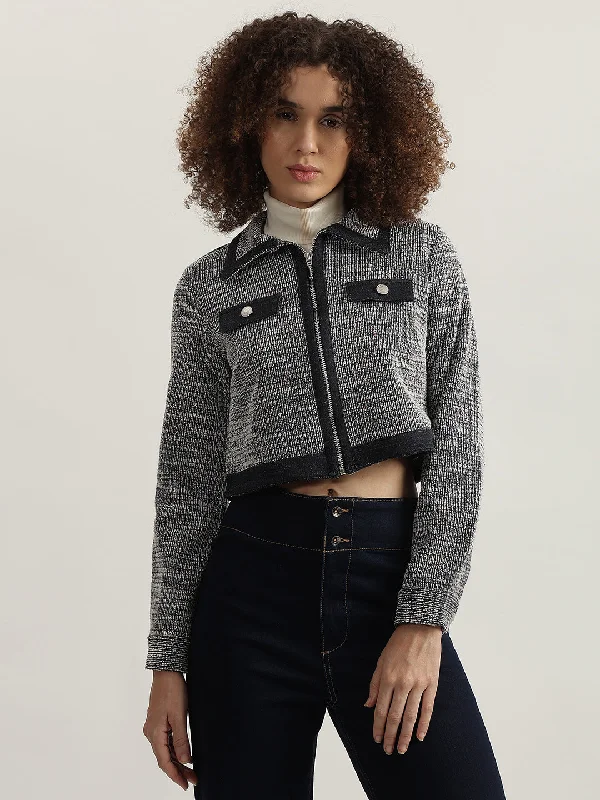 Iconic Women Blue Self Design Spread Collar Full Sleeves Cropped Jacket Tiered Jacket Buttoned Jacket Zippered Jacket Iconic Women Blue Self Design Spread Collar Full Sleeves Cropped Jacket Tiered Jacket Buttoned Jacket Zippered Jacket