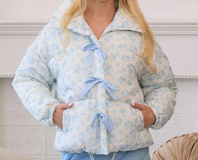 Floral puffer jacket with bows Ribbed Jacket Pleated Jacket Ruffled Jacket