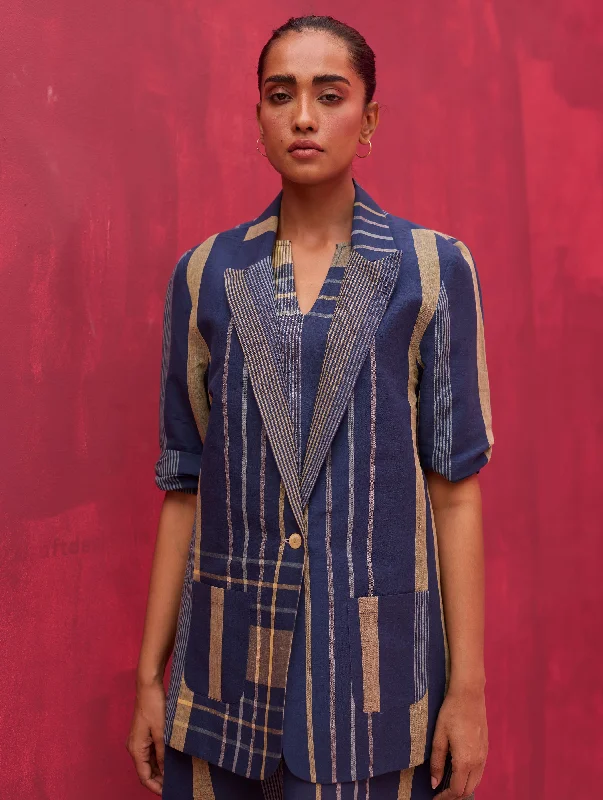 Talia Check Linen Summer Blazer - Navy Women's High-End Blazer