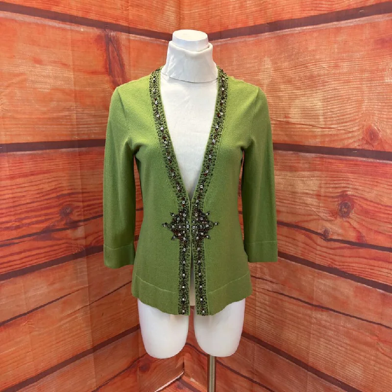 NINE WEST GREEN BEADED CARDIGAN SIZE MEDIUM TCC Zippered Buttoned Snapped