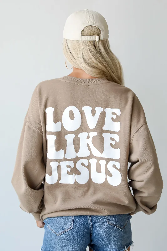 Tan Love Like Jesus Sweatshirt Hoodie with Hem Frayed Vintage Worn