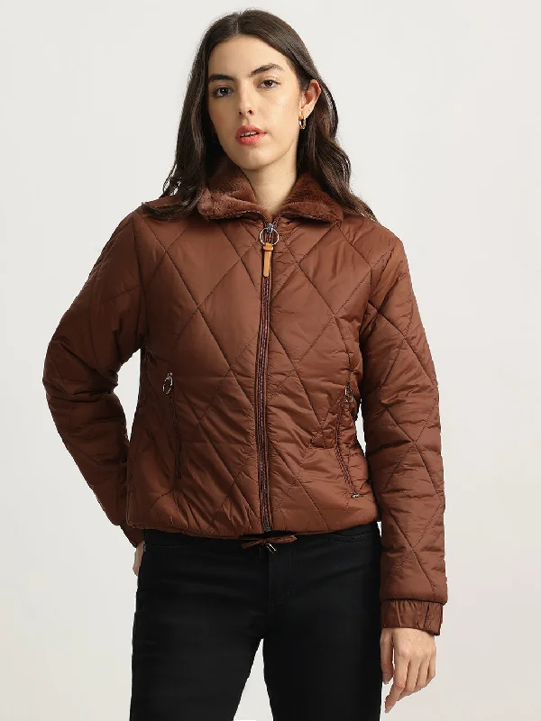 Elle Women Brown Solid Stand Collar Full Sleeves Quilted Jacket Nylon Jacket Polyester Jacket Spandex Jacket Elle Women Brown Solid Stand Collar Full Sleeves Quilted Jacket Nylon Jacket Polyester Jacket Spandex Jacket