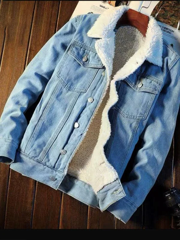 Sherpa Button Fleece Men Winter Denim Jacket Boat Neck Shawl Collar Notched Collar