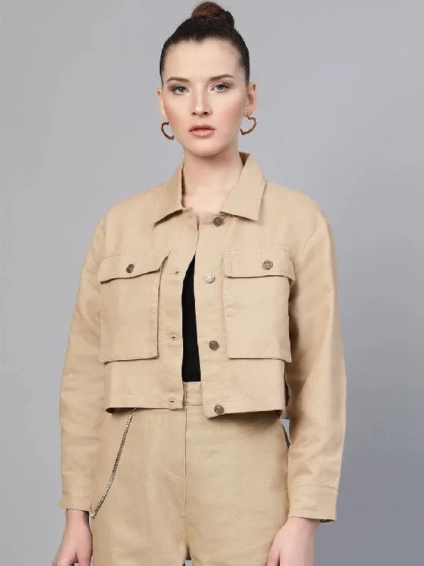 Women Solid Standard Beige Jacket Zippered Front Buttoned Front Snap Front