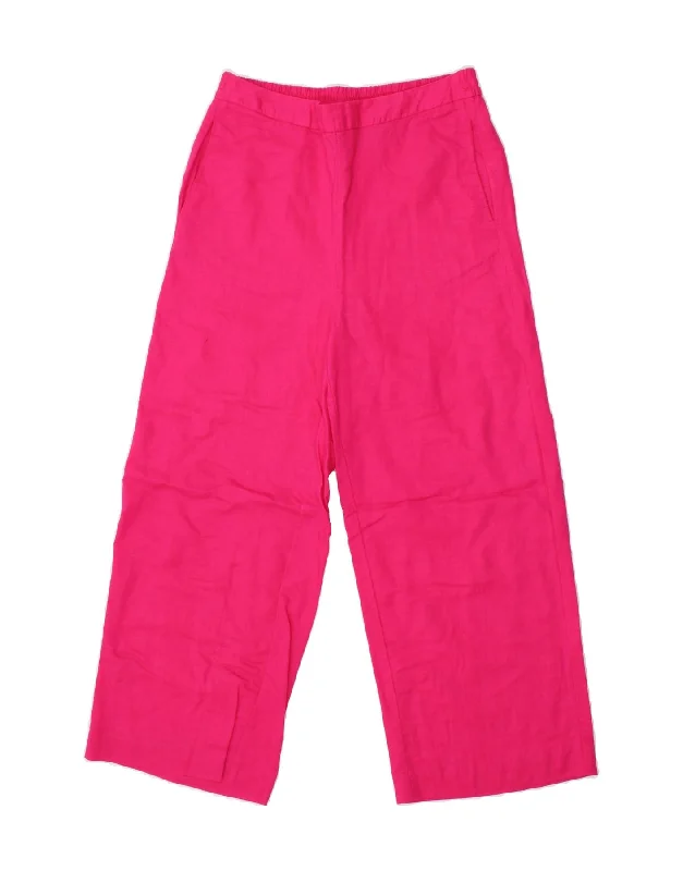 VINTAGE Womens Wide Leg Cropped Trousers Medium W30 L25 Pink Linen Trousers Print Floral VINTAGE Womens Wide Leg Cropped Trousers Medium W30 L25 Pink Linen Trousers Print Floral