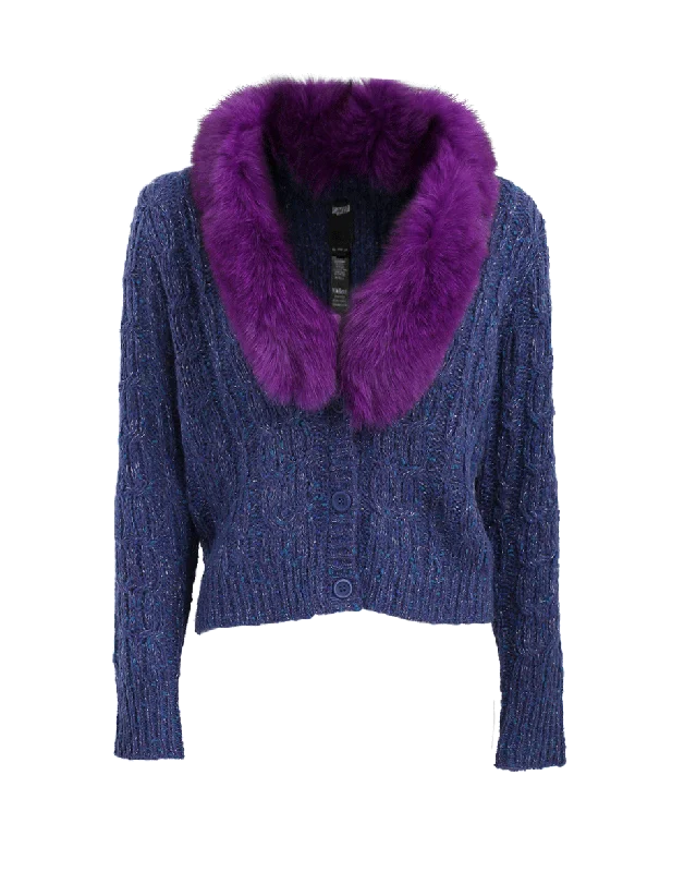 Fox Trim Cable Knit Cardigan Toggled Drawstring Belted