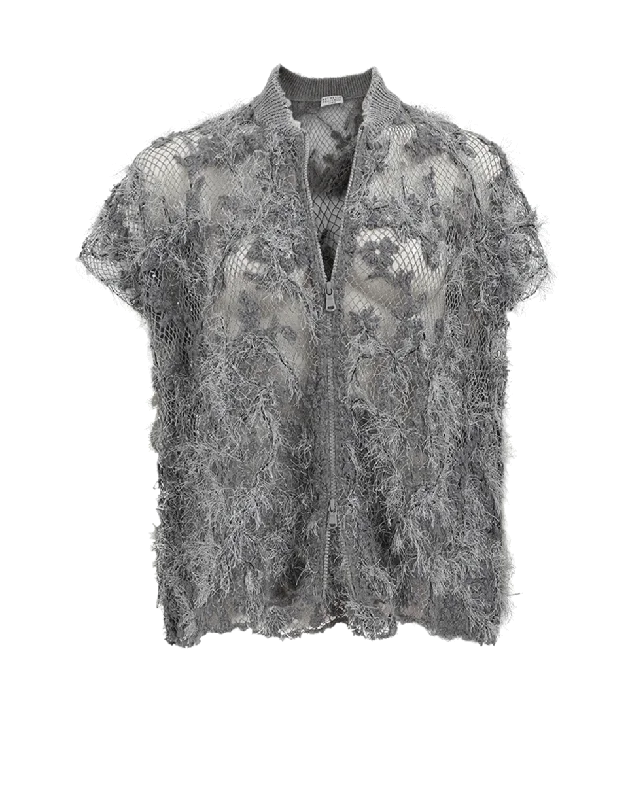 Floral Embroidered Cardigan Mesh Cardigan Canvas Denim