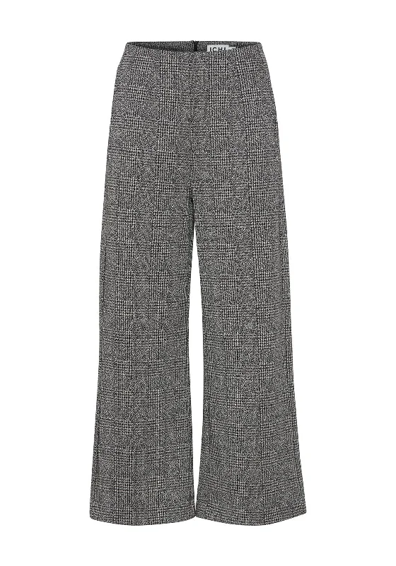 Ichi Kate Metallic Check Wide Leg Crop Trouser, Black Trousers Cargo pockets