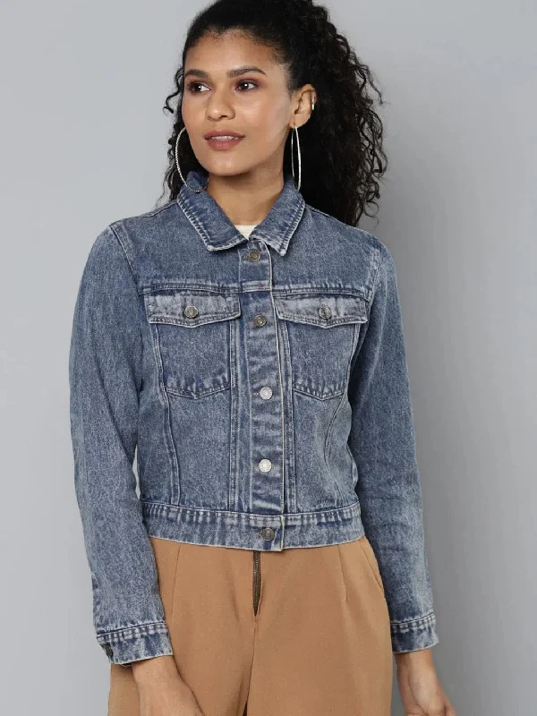 Women Solid Blue Collared Neck Full Sleeve Jacket Mesh Jacket Canvas Jacket Denim Jacket Women Solid Blue Collared Neck Full Sleeve Jacket Mesh Jacket Canvas Jacket Denim Jacket