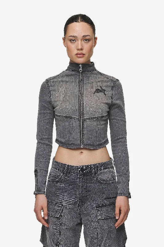 Elly Denim Biker Jacket Washed Deep Grey Welt Pockets Slit Pockets Flap Pockets