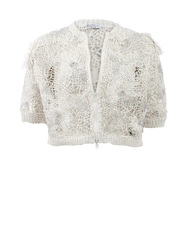 Cropped Monili Embroidered Cardigan Welt Pockets Slit Pockets Flap Pockets