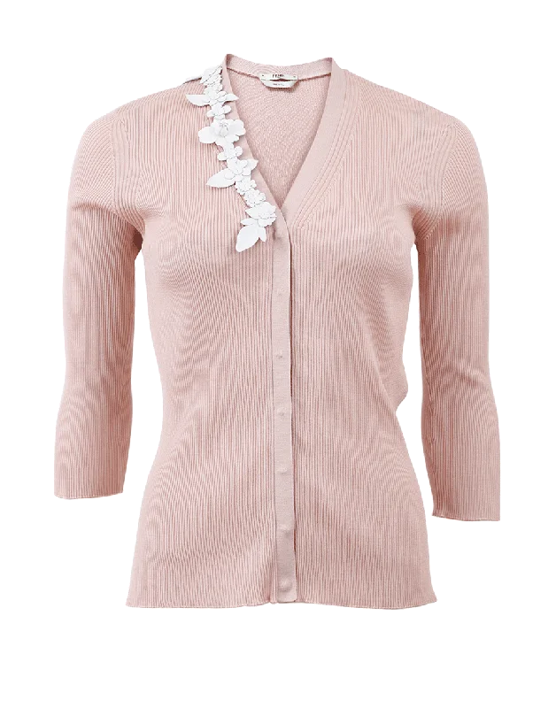 Floral Trim Cardigan Fleece Cardigan Nylon Polyester