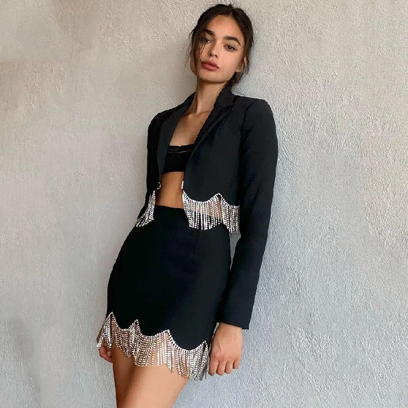 Sensation Crystal Hem Blazer & Skirt Set Women's Short Blazer