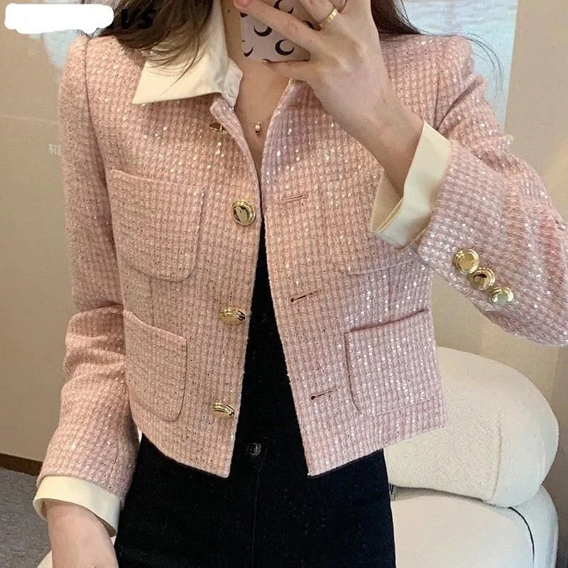 Patchwork Crop Tweed Jacket Women Trench Coat Raincoat Waterproof Jacket