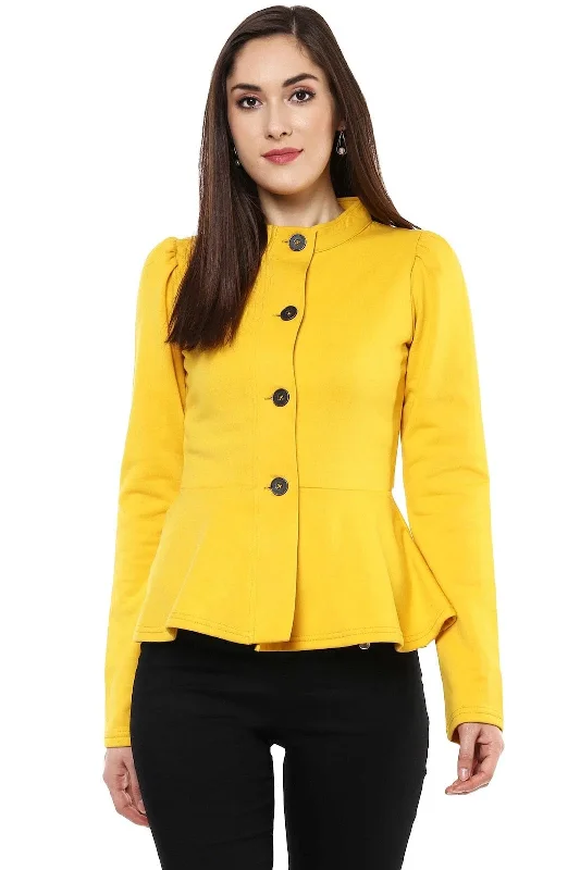 Women Solid Mustard Full Sleeve Jacket Fleece Jacket Down Jacket Parka
