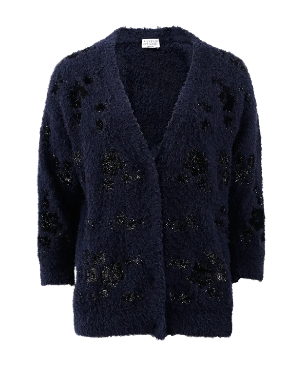 Floral Embroidered Cardigan Spandex Rayon Corduroy