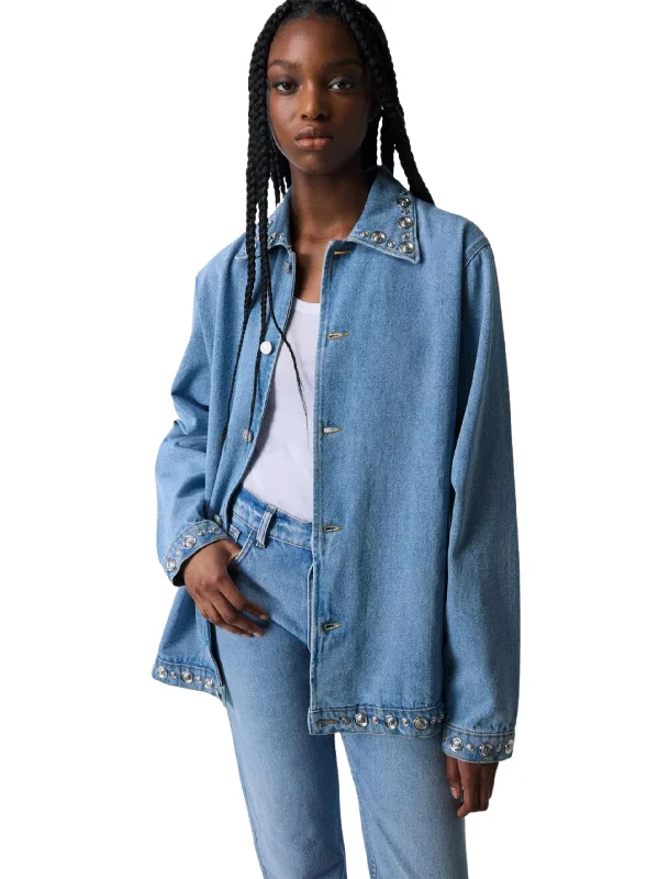 Woven Studded Denim Jacket / Blue Knit Fabric Woven Fabric Fleece Fabric