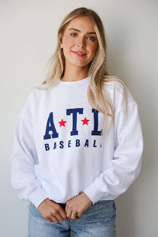 White ATL Baseball Star Sweatshirt Hoodie with Mock Neck Collared Structured