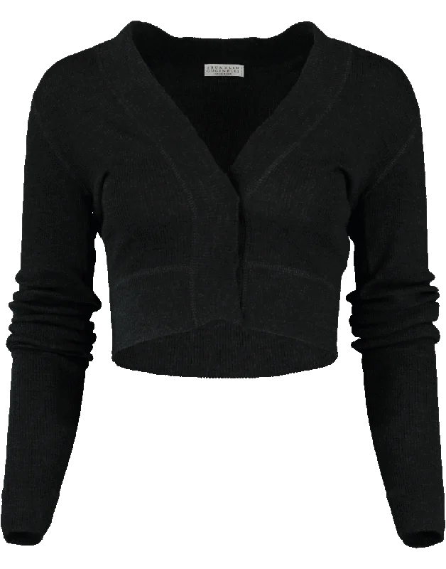 Fine Rib Cropped Cardigan Herringbone Houndstooth Plaid