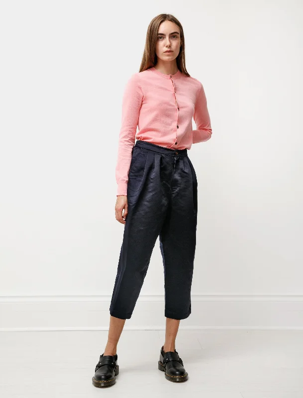 Thick Satin Pleated Trousers Navy High Waist Slim Fit Ankle Length