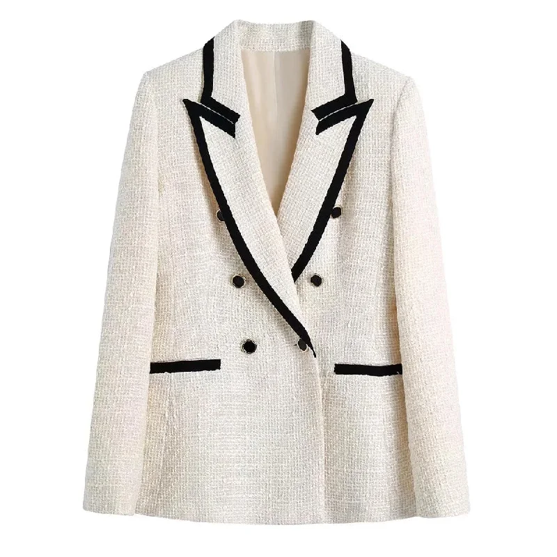 Wjczt Women Fashion With Contrast Piping Tweed Blazer Coat Vintage Long Sleeve Pockets Female Outerwear Chic Veste Femme Women's Party Jacket Wjczt Women Fashion With Contrast Piping Tweed Blazer Coat Vintage Long Sleeve Pockets Female Outerwear Chic Veste Femme Women's Party Jacket