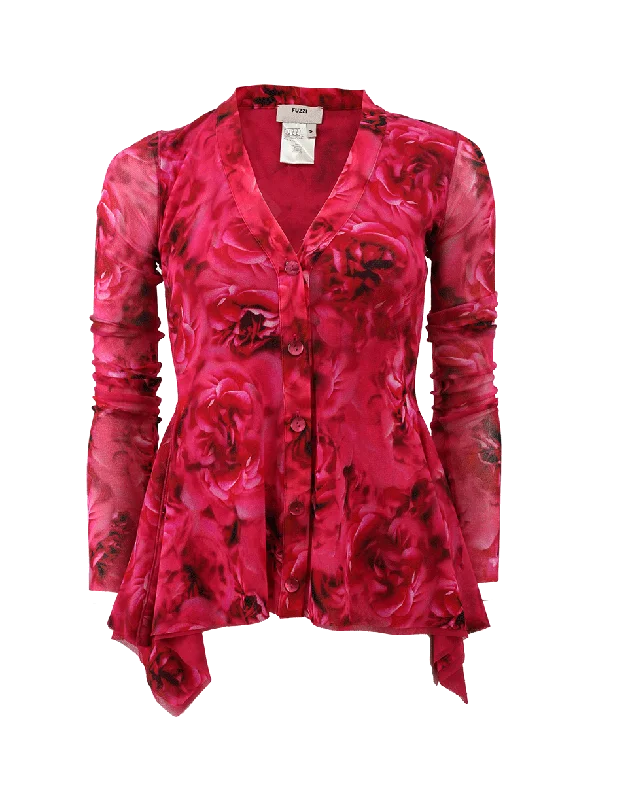 Peplum Rose Print Cardigan Print Jacquard Patchwork