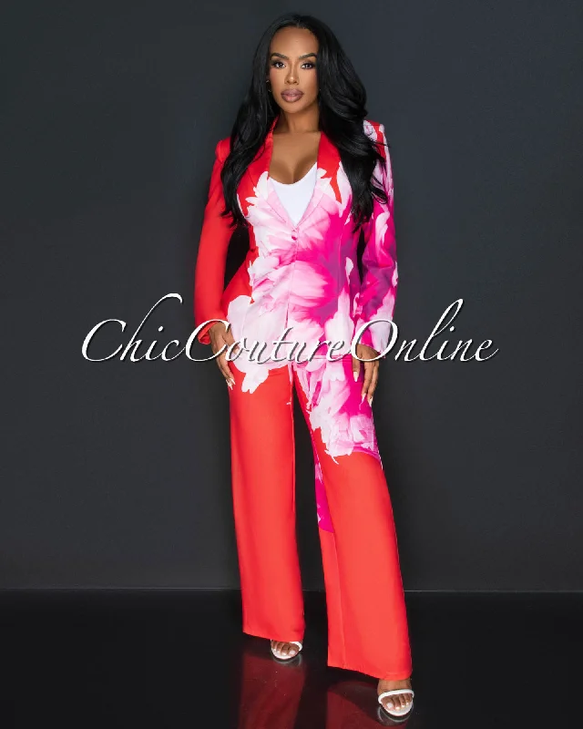 Rena Tomato White Floral Print Blazer & Wide Pants Set Women's Custom Jacket