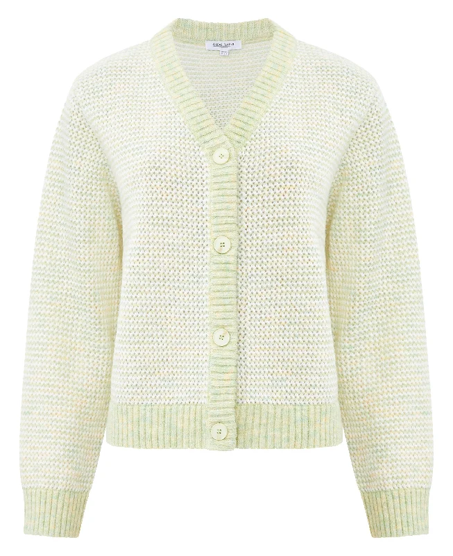 Pointelle Knit Cardigan - White/Lemongrass Wool Fabric Cashmere Fabric Tweed Fabric