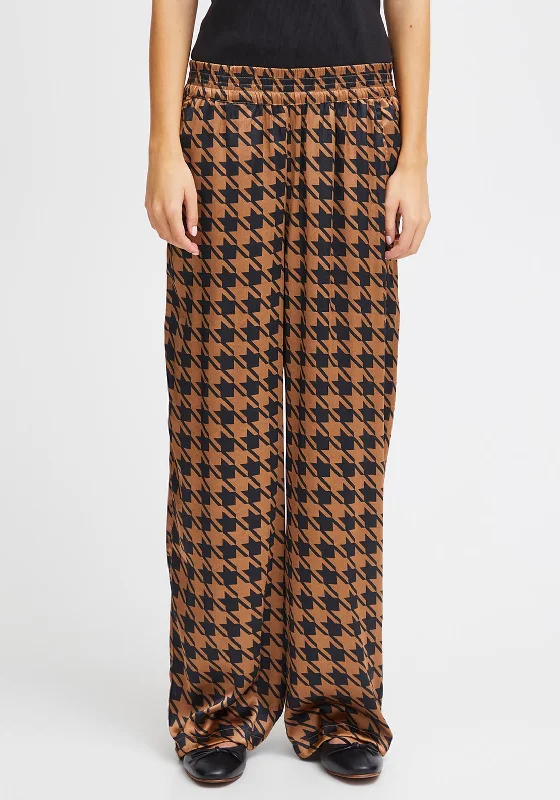 Ichi Leonie Houndstooth Satin Feel Wide Leg Trouser, Brown Trousers Summer Linen