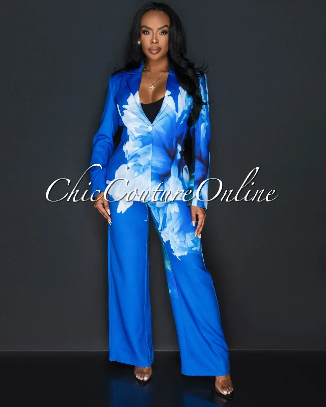 Rena Blue White Floral Print Blazer & Wide Pants Set Women's Unique Blazer