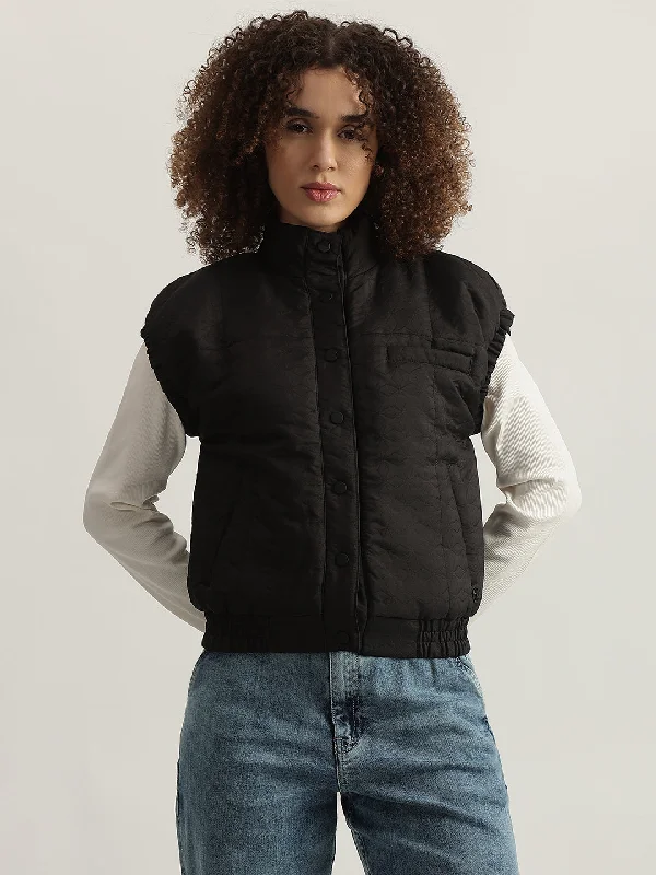 Iconic Women Black Solid Stand Collar Short Sleeves Jacket Snapped Jacket Toggled Jacket Drawstring Jacket Iconic Women Black Solid Stand Collar Short Sleeves Jacket Snapped Jacket Toggled Jacket Drawstring Jacket