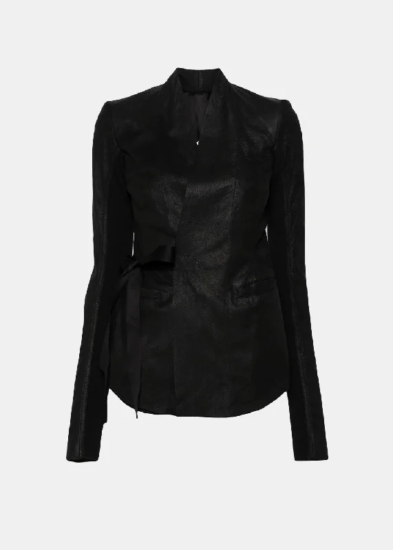Black Cracked-Effect Leather Jacket Stand-Up Collar Roll-Neck Collar Turtle Neck