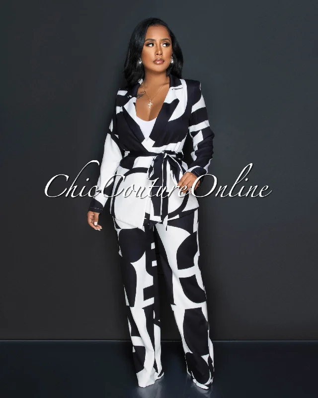 Janeen Black White Print Self-Tie Blazer & Wide Pants Set Women's Fashion Blazer