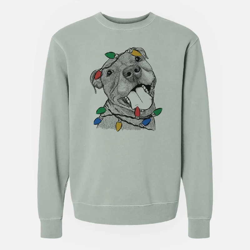 Christmas Lights Eloise the Pitbull Mix - Unisex Pigment Dyed Crew Sweatshirt Hoodie with Stripes Bold Sporty