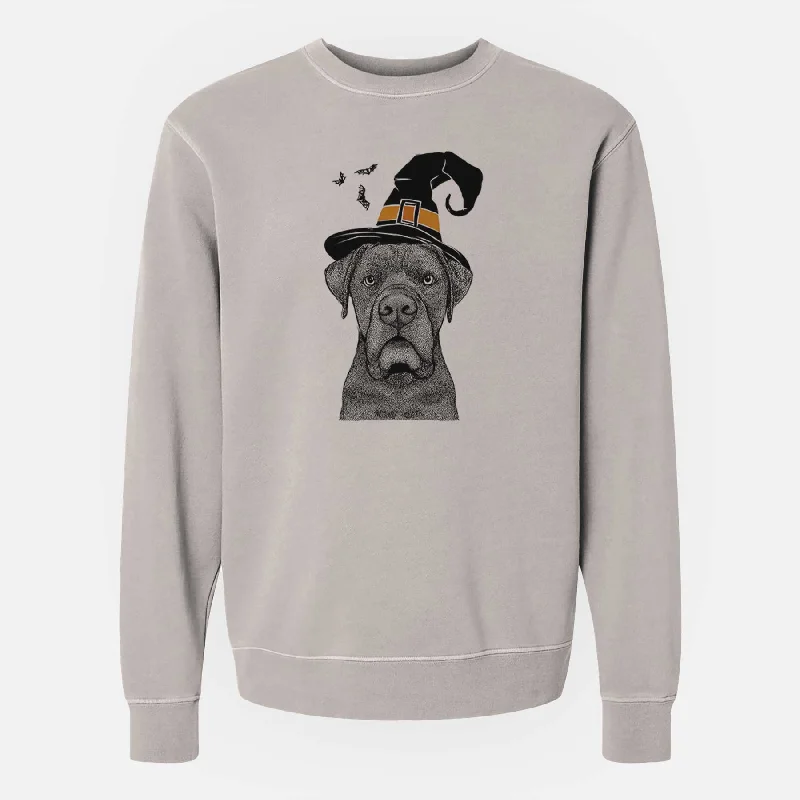 Witch Rocco the Cane Corso - Unisex Pigment Dyed Crew Sweatshirt Hoodie with Distressed Vintage Worn Witch Rocco the Cane Corso - Unisex Pigment Dyed Crew Sweatshirt Hoodie with Distressed Vintage Worn