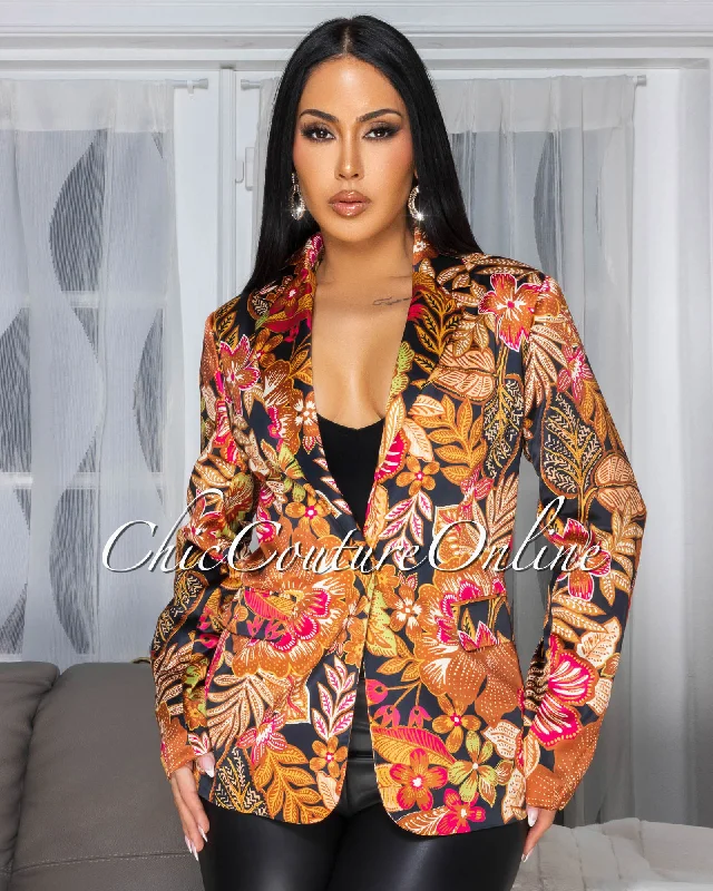 Bellina Rust Multi-Color Floral Print Boyfriend Blazer Women's Long Blazer