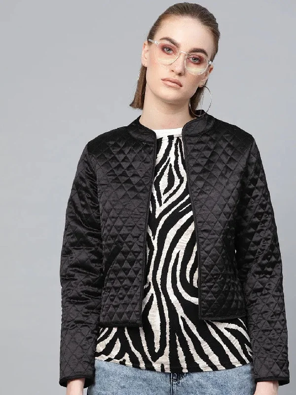 Women Solid Black Full Sleeve Jacket Front Pockets Side Pockets Patch Pockets