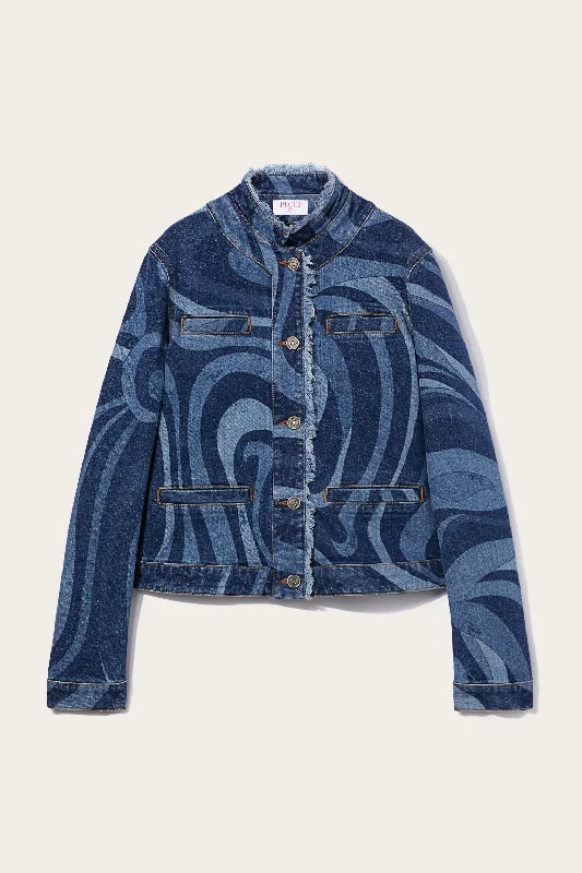 Marmo-Print Denim Jacket Zippered Front Buttoned Front Snap Front