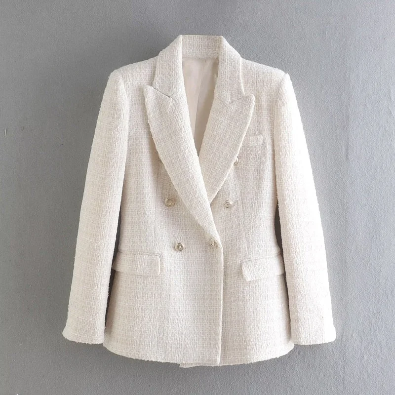 Wjczt Women Solid Tweed Double Breasted Blazer Coat Long Sleeve Pockets Outerwear Female Spring New Tops CD8395 Women's Vacation Suit Wjczt Women Solid Tweed Double Breasted Blazer Coat Long Sleeve Pockets Outerwear Female Spring New Tops CD8395 Women's Vacation Suit