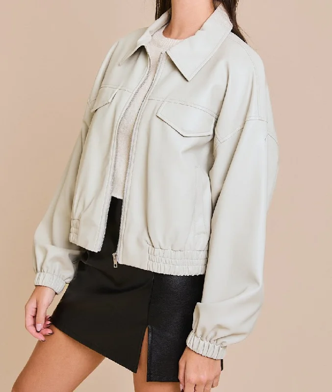 Faux leather elastic waist bomber jacket Satin Fabric Silk Fabric Chiffon Fabric