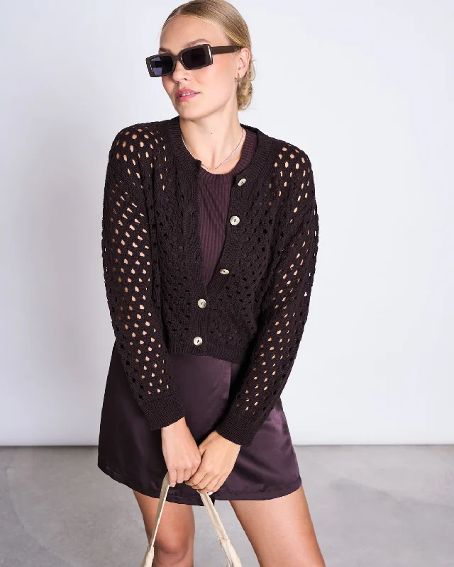 AJOUR CARDIGAN ELLON ESPRESSO GOTS Notch Collar Peter Pan Collar Cowl Neck