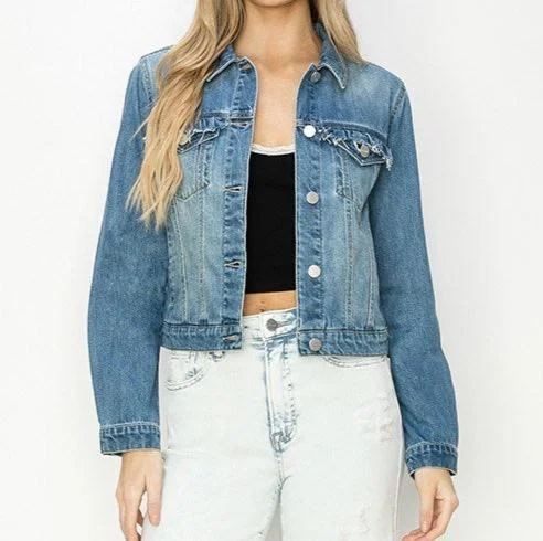 Ruffle detail denim jacket Chenille Fabric Brocade Fabric Lace Fabric