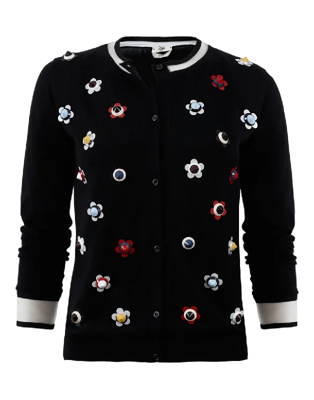 Flower Stud Cardigan Ribbed Striped Patterned