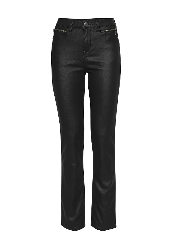 Fransa Tessa Coated Slim Leg Trouser, Black Trousers Capri Summer