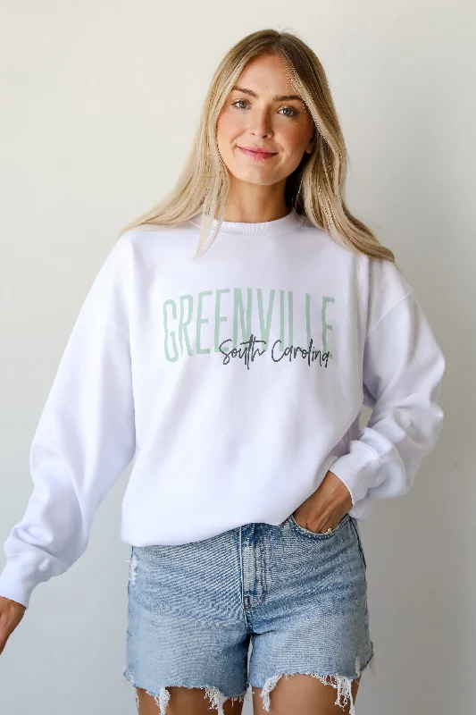 White Greenville South Carolina Sweatshirt Hoodie with Tied Waist Feminine Flattering White Greenville South Carolina Sweatshirt Hoodie with Tied Waist Feminine Flattering