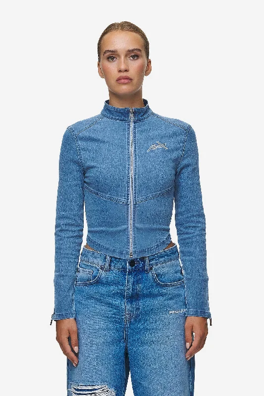 Elly Denim Biker Jacket Washed Blue Knit Fabric Woven Fabric Fleece Fabric