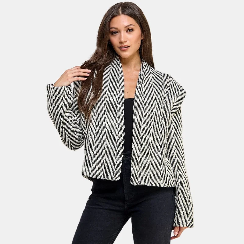 Herringbone Stand Collar Woven Blazer (Black + White) Women's Custom Suit
