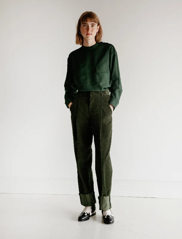 Corduroy Pleated Trousers Green Trousers versatile all-occasion